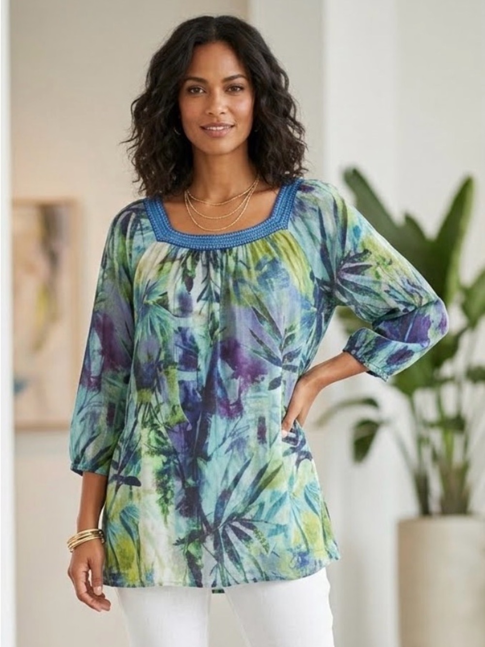 Soft Surroundings Odessa Floral Print‎ Blouse XL Blue 3/4 Sleeve Pullover Top
